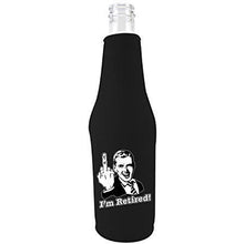 Load image into Gallery viewer, black zipper beer bottle koozie with im retired design