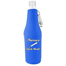Load image into Gallery viewer, royal blue zipper beer bottle koozie with opener and nurses stick butt design