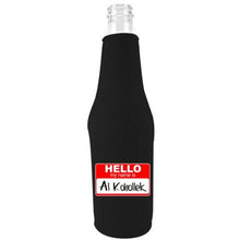 Load image into Gallery viewer, black zipper beer bottle koozie with hello my name is al kohollek design