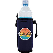 Load image into Gallery viewer, navy blue water bottle koozie with boat and sunset design and "lake life" text