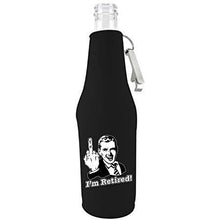 Load image into Gallery viewer, black zipper beer bottle koozie with opener and im retired design