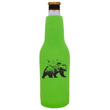 Load image into Gallery viewer, bright green beer bottle koozie with mountain bear graphic design