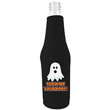 Load image into Gallery viewer, black zipper beer bottle koozie with show me your boos design