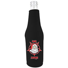 Load image into Gallery viewer, black beer bottle koozie with "hail santa" text and santa in a pentagram design