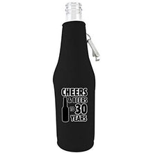 Load image into Gallery viewer, black beer bottle koozie with "cheers & beers to 30 years" birthday text design and beer bottle silhouette