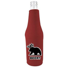 Load image into Gallery viewer, burgundy zipper beer bottle koozie with beer bear design
