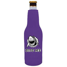 Load image into Gallery viewer, purple beer bottle koozie with shark illustration and "bite me" text design