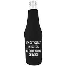 Load image into Gallery viewer, black beer bottle koozie with im outdoorsy in that i like getting drunk on patios design