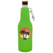 Load image into Gallery viewer, Palm Tree Sunset Beer Bottle Coolie with Opener Attached
