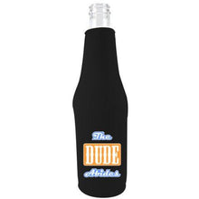 Load image into Gallery viewer, black zipper beer bottle koozie with the dude abides design