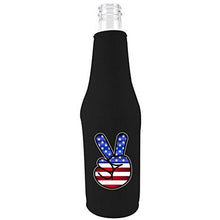 Load image into Gallery viewer, beer bottle koozie with america peace sign design