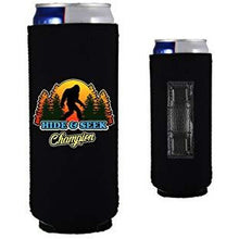 Load image into Gallery viewer, black magnetic slim can koozie with funny bigfoot hide and seek champion design