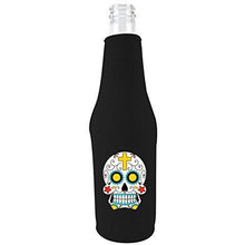 Load image into Gallery viewer, black zipper beer bottle koozie with sugar skull design 
