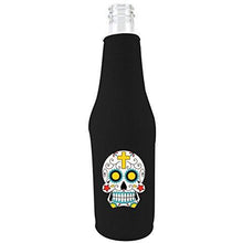 Load image into Gallery viewer, black zipper beer bottle koozie with sugar skull design