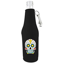 Load image into Gallery viewer, black zipper beer bottle with opener and sugar skull design
