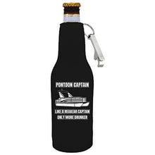 Load image into Gallery viewer, black beer bottle koozie with opener and "pontoon captain, like a regular captain only more drunker" funny text design