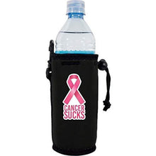 Load image into Gallery viewer, black water bottle koozie with cancer sucks text and pink ribbon graphic