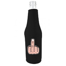 Load image into Gallery viewer, black beer bottle koozie with middle finger graphic design