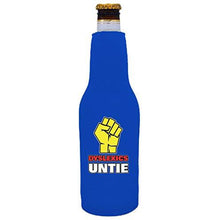 Load image into Gallery viewer, royal blue zipper beer bottle koozie with Dyslexics Untie design