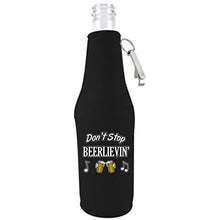 Load image into Gallery viewer, black beer bottle koozie with opener and "don't stop beerlievin'" text and beer mugs and music notes design