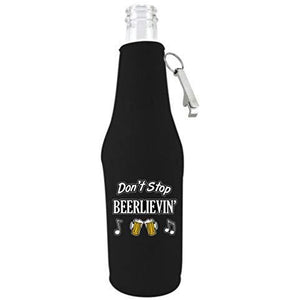 black beer bottle koozie with opener and "don't stop beerlievin'" text and beer mugs and music notes design