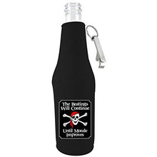 Load image into Gallery viewer, black zipper beer bottle koozie with opener and the funny the beatings will continue until morale improves design