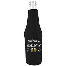 Load image into Gallery viewer, black zipper beer bottle koozie with don&#39;t stop beerlievin&#39; design 
