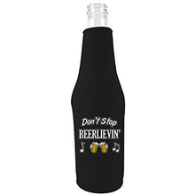 Load image into Gallery viewer, black zipper beer bottle koozie with don't stop beerlievin' design