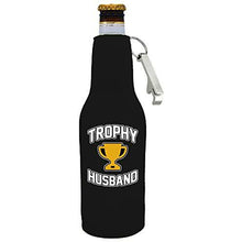 Load image into Gallery viewer, Black Zipper Beer bottle koozie with opener and trophy husband design