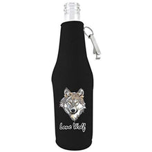 Load image into Gallery viewer, black zipper beer bottle koozie with opener and lone wolf design