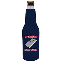 Load image into Gallery viewer, navy zipper beer bottle koozie with your hole is my goal design