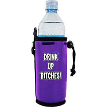 Load image into Gallery viewer, purple drink up bitches water bottle koozie with "drink up bitches" funny text design