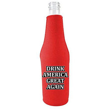 Load image into Gallery viewer, red zipper beer bottle koozie with funny drink america great again design
