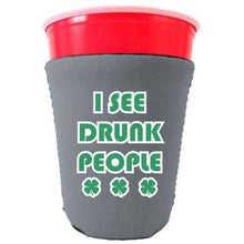 Load image into Gallery viewer, gray party cup koozie with i see drunk people design 
