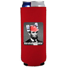 Load image into Gallery viewer, slim can koozie with abraham drinkin design