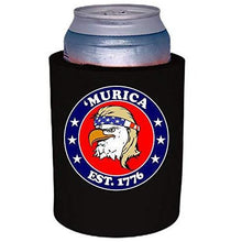 Load image into Gallery viewer, black thick foam old school can koozie with "’Murica 1776" logo and bald eagle mullet funny design