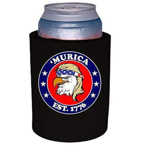 black thick foam old school can koozie with "’Murica 1776" logo and bald eagle mullet funny design