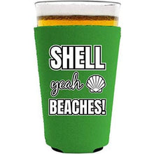 Load image into Gallery viewer, pint glass koozie with shell yeah beaches design
