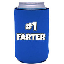 Load image into Gallery viewer, royal blue can koozie with #1 farter (father) funny text design
