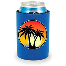 Load image into Gallery viewer, full bottom can koozie with palm tree sunset design