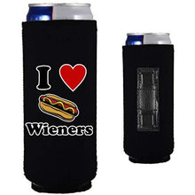 Load image into Gallery viewer, black magnetic slim can koozie with "i (heart) wieners" text and hot dog illustration design