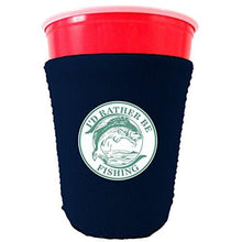 Load image into Gallery viewer, navy party cup koozie with id rather be fishing design