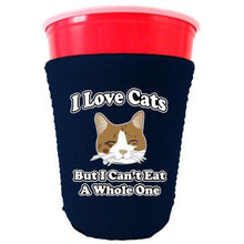 Load image into Gallery viewer, navy party cup koozie with i love cats but i cant eat a whole one design