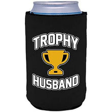 Load image into Gallery viewer, black beer can koozie with trophy husband design