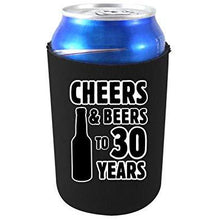 Load image into Gallery viewer, black can koozie with "cheers & beers to 30 years" text design