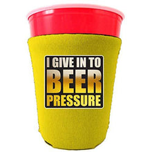 Load image into Gallery viewer, yellow party cup koozie with i give into beer pressure design 
