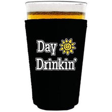 Load image into Gallery viewer, black pint glass koozie with “day drinkin” funny text design