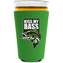 Load image into Gallery viewer, neon green pint glass koozie with "kiss my bass" funny text and bass fish graphic