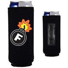 Load image into Gallery viewer, black magnetic slim can koozie with f bomb funny print design