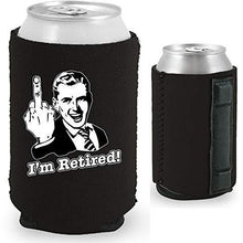 Load image into Gallery viewer, black magnetic can koozie with funny i'm retired middle finger design